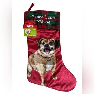 Christmas Stocking Dog Animal Peace Love Rescue Ruz Aspca Plaid Red Velvet Pet